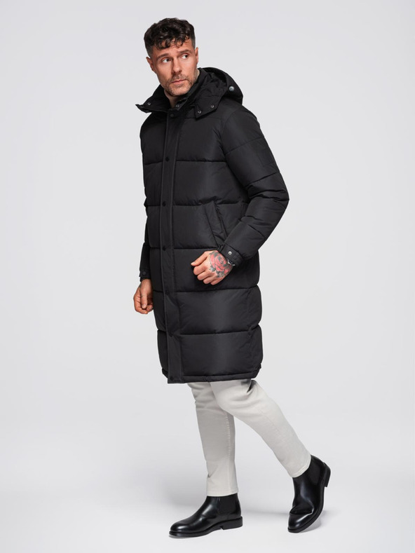 Ombre Clothing Pánska dlhá prešívaná zimná bunda s kapuco - čierna V1 OM-JALJ-0309 Ombre Clothing
