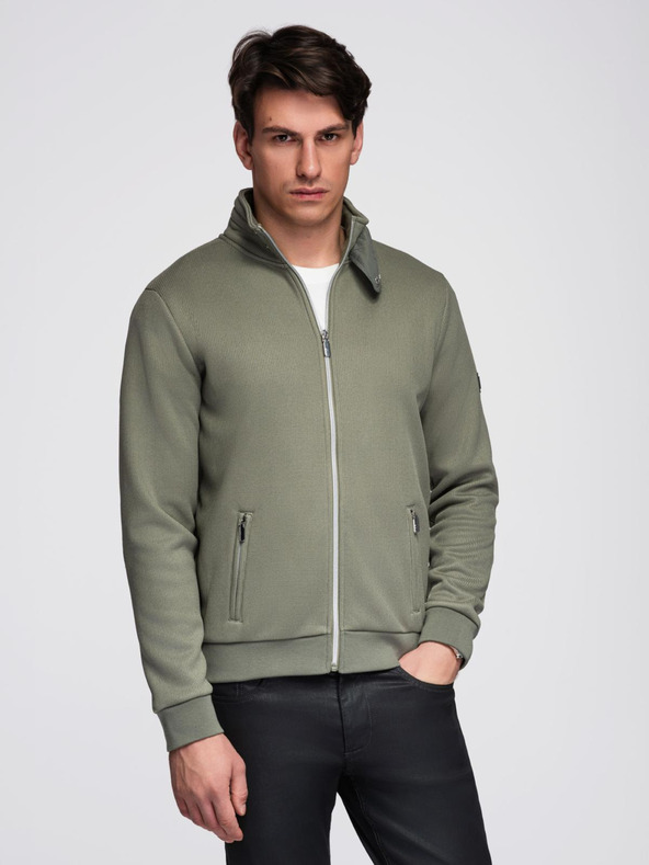 Ombre Clothing Pletená bunda s flísovou podšívkou a vysokým golierom - khaki V3 C645 Ombre Clothing