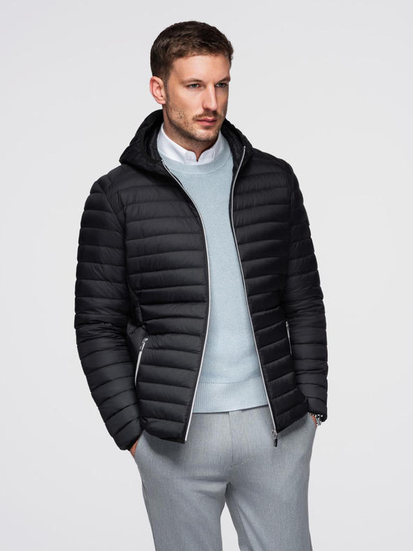 Ombre Clothing Moška ultralagana jakna iz naravnega puhlega perja s žepom - črna V1 OM-JALP-0211 Ombre Clothing