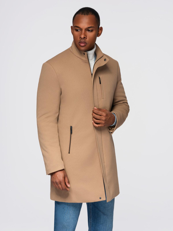 Ombre Clothing Moški strukturirani plašč z visokim ovratnikom - svetlo rjav V4 OM-COWC-0136 Ombre Clothing
