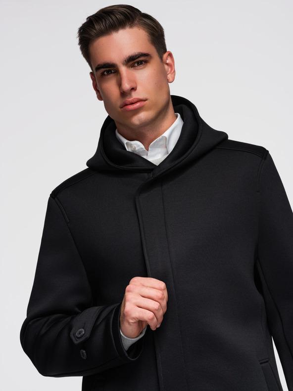 Ombre Clothing Moški minimalistični plašč srednje dolžine s kapuco - črn V4 OM-COLC-0144 Ombre Clothing