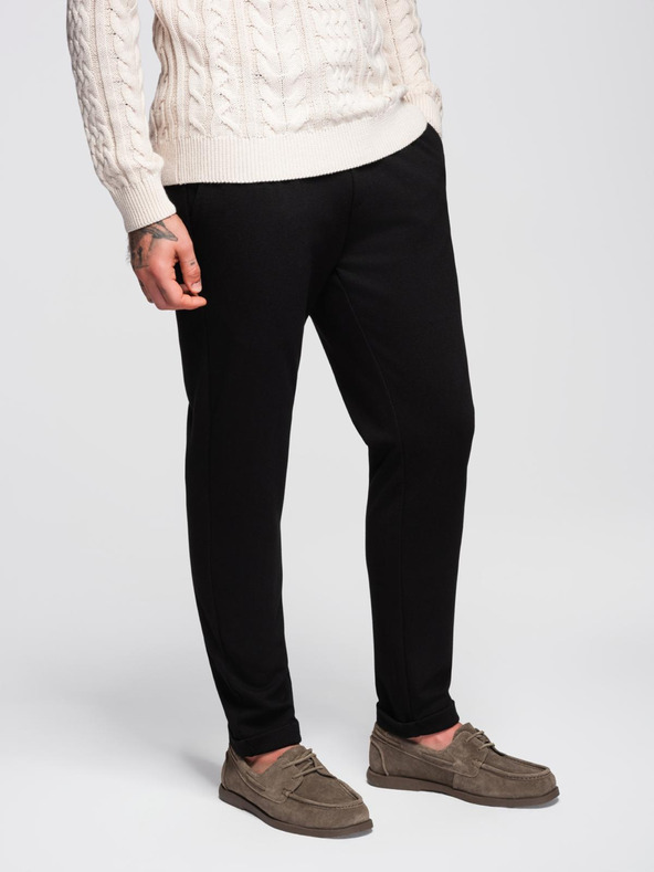 Ombre Clothing Moške hlače iz piqué pletenine z nastavljivo pasom - črne V2 OM-PACP-0283 Ombre Clothing