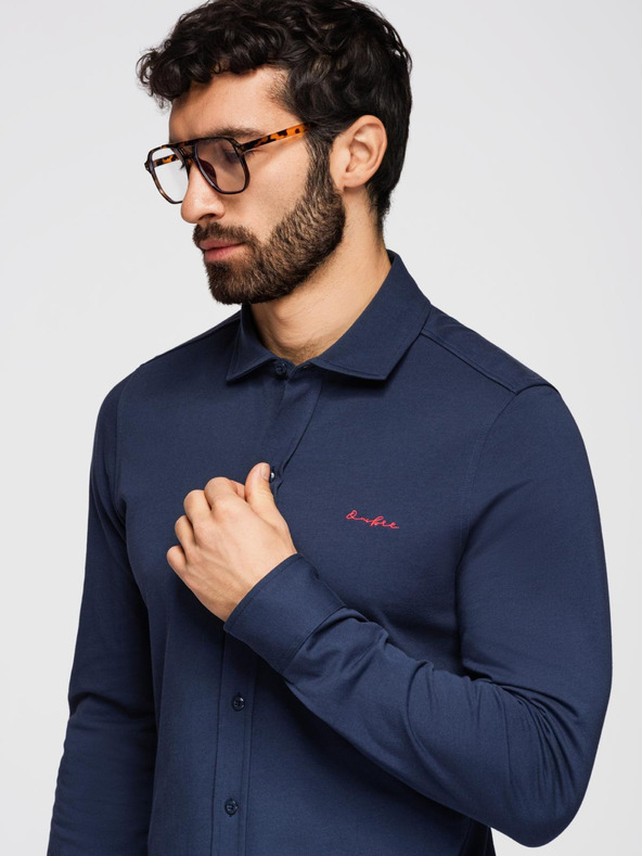 Ombre Clothing Moška bombažna srajca REGULAR s kontrastnim vezom - temno modra V2 K697 Ombre Clothing