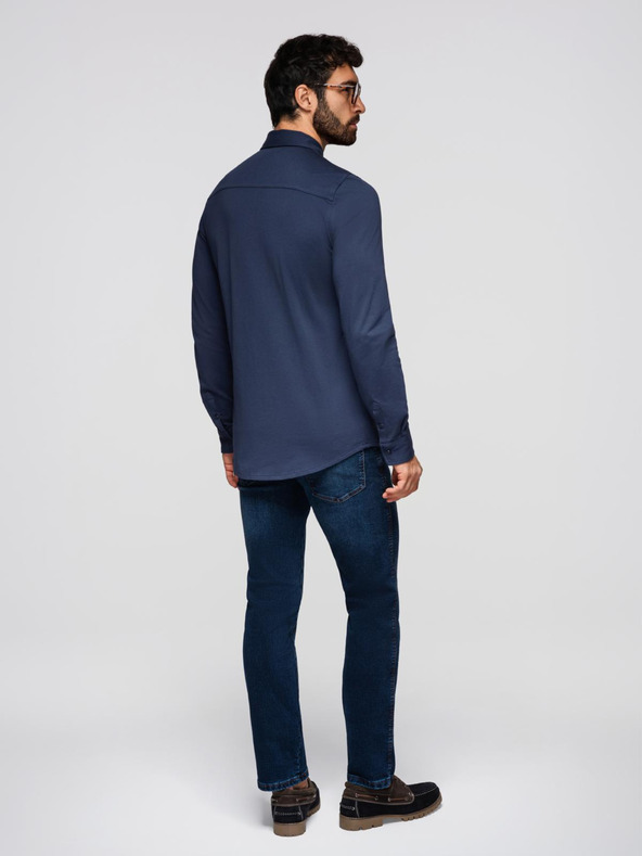 Ombre Clothing Moška bombažna srajca REGULAR s kontrastnim vezom - temno modra V2 K697 Ombre Clothing