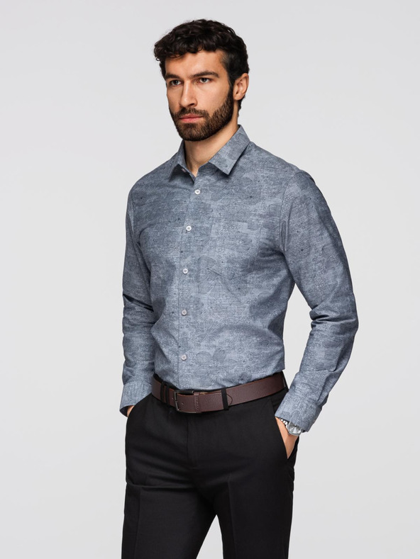 Ombre Clothing Klasična moška flanelna bombažna srajca s cvetlicami - siva V3 K701 Ombre Clothing