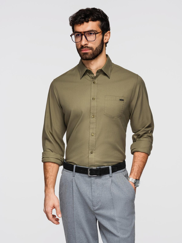 Ombre Clothing Moška bombažna srajca z žepom - olivna V2 K695 Ombre Clothing
