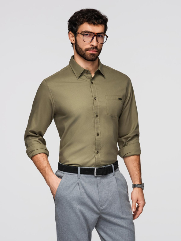 Ombre Clothing Moška bombažna srajca z žepom - olivna V2 K695 Ombre Clothing