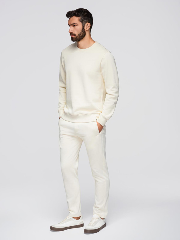 Ombre Clothing Moška treningska garnitura mikica z okroglim izrezom + hlače regular fit - kremna V11 Z122 Ombre Clothing