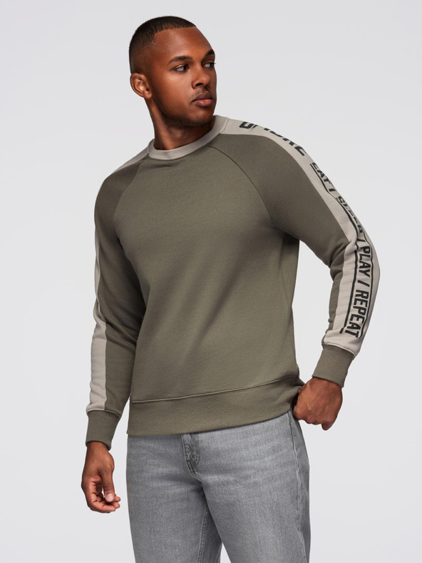 Ombre Clothing Moška mikina s kontrastno oblogo in raglan rokavi - olivna V1 OM-SSNZ-0200 Ombre Clothing