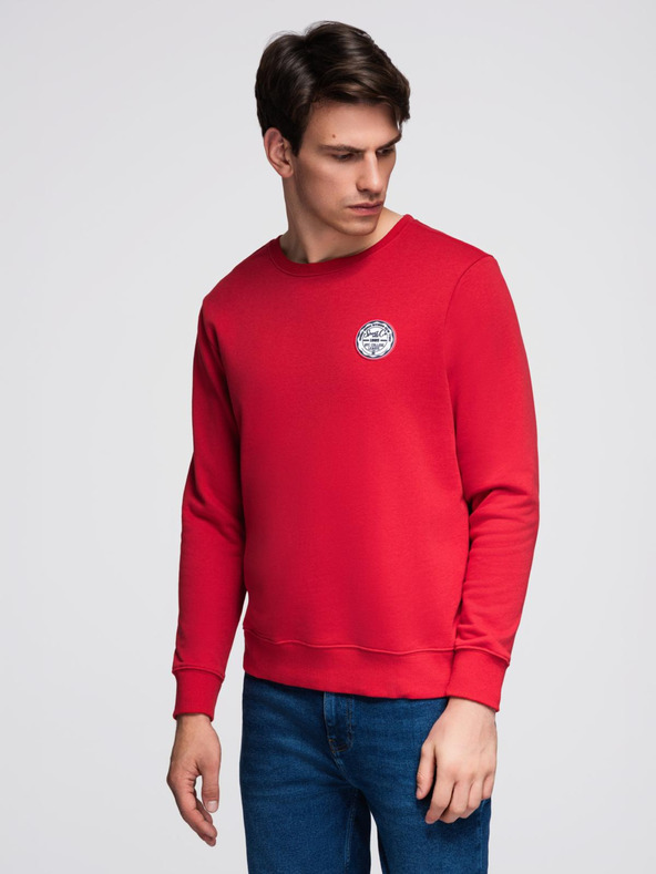 Ombre Clothing Moška mikina s kroglastim izrezom in našitkom - rdeča V1 B1713 Ombre Clothing