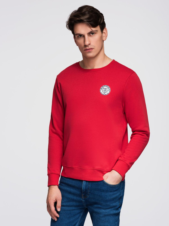 Ombre Clothing Moška mikina s kroglastim izrezom in našitkom - rdeča V1 B1713 Ombre Clothing