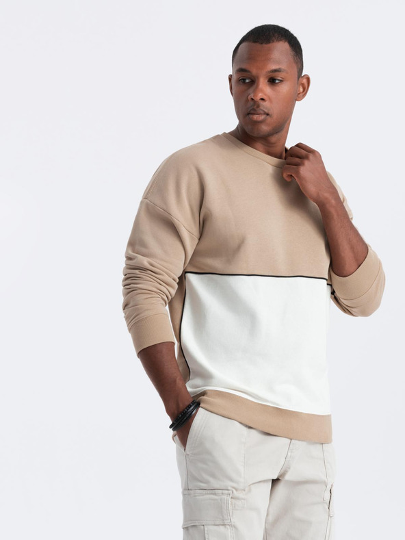 Ombre Clothing Moška mikina OVERSIZE s kontrastnim prepletanjem barv - bež V2 B1673 Ombre Clothing