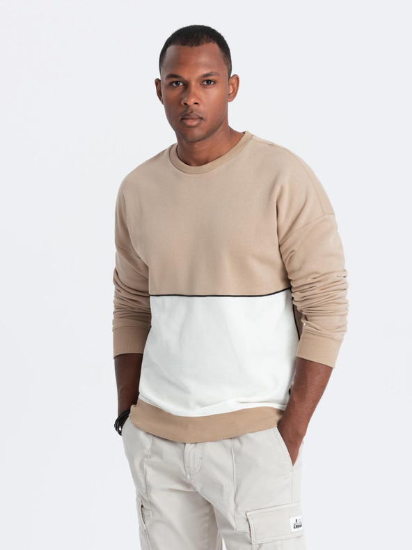 Ombre Clothing Moška mikina OVERSIZE s kontrastnim prepletanjem barv - bež V2 B1673 Ombre Clothing