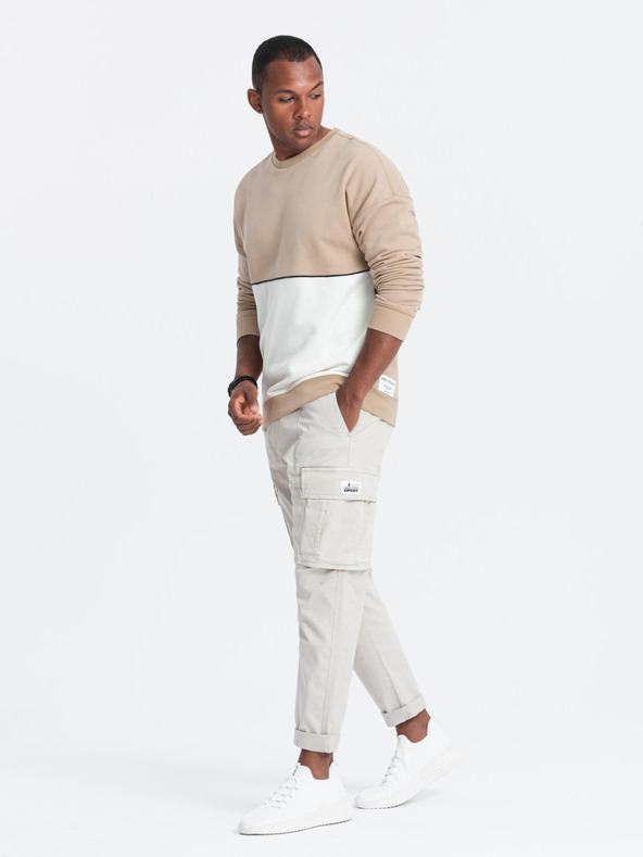 Ombre Clothing Moška mikina OVERSIZE s kontrastnim prepletanjem barv - bež V2 B1673 Ombre Clothing