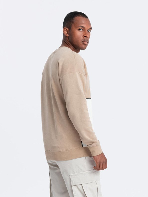 Ombre Clothing Moška mikina OVERSIZE s kontrastnim prepletanjem barv - bež V2 B1673 Ombre Clothing