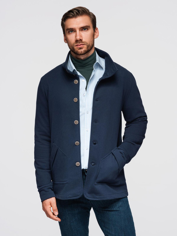 Ombre Clothing Moška mikina na gumbe s stoječem - temno modra V4 OM-SSZP-0240 Ombre Clothing