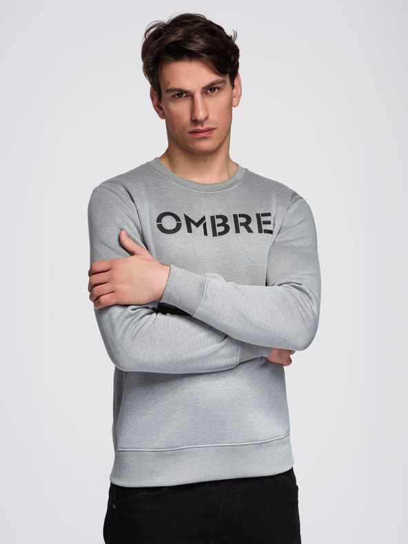 Ombre Clothing Klasična moška mikina z napisi - siva melanž V1 B1711 Ombre Clothing
