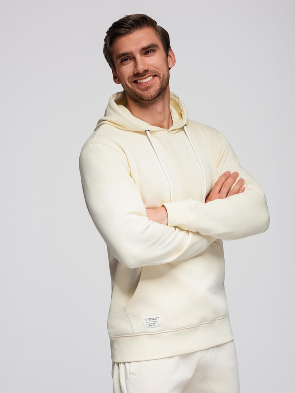 Ombre Clothing Pánsky bavlnený tréninkový oblek klokania vrecka + nohavice jogger - krémová V11 Z121 Ombre Clothing