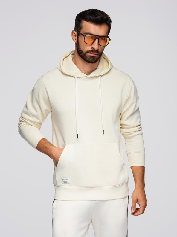 Ombre Clothing Pánska mikina BASIC s klokaní vreckou a kapucňou - krémová V11 B1674 Ombre Clothing