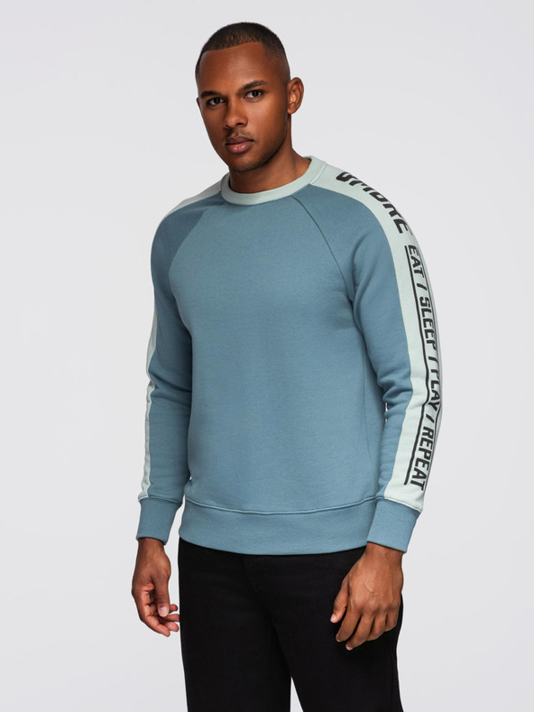 Ombre Clothing Pánska mikina s kontrastným lemovaním a raglánovými rukávmi - bielená tyrkysová V4 OM-SSNZ-0200 Ombre Clothing