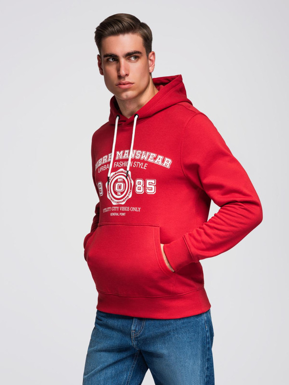 Ombre Clothing Pánska mikina s kapucňou a vysokoškolským potlačom - červená V1 B1714 Ombre Clothing
