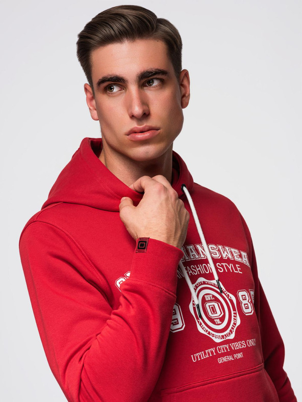 Ombre Clothing Pánska mikina s kapucňou a vysokoškolským potlačom - červená V1 B1714 Ombre Clothing