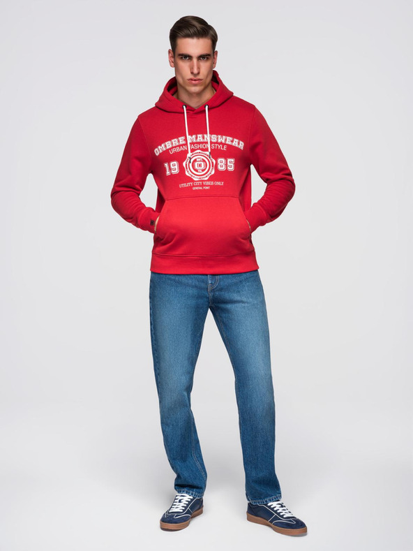 Ombre Clothing Pánska mikina s kapucňou a vysokoškolským potlačom - červená V1 B1714 Ombre Clothing