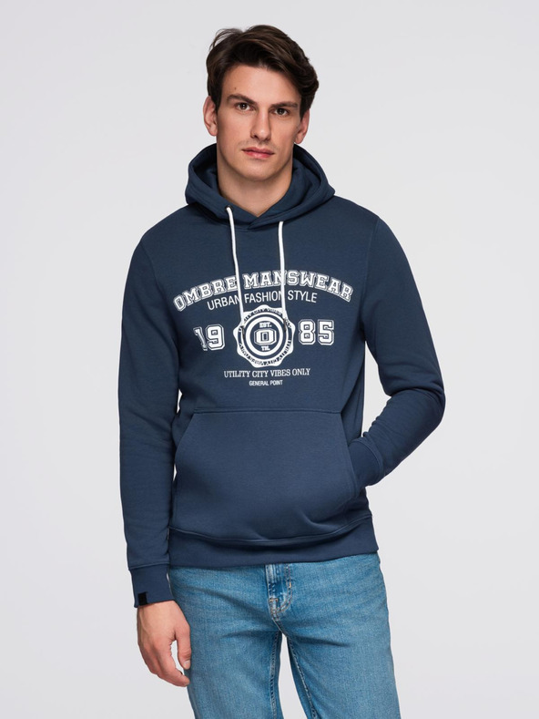 Ombre Clothing Moški športni pulover z velikim potiskom - temno moder V2 B1714 Ombre Clothing