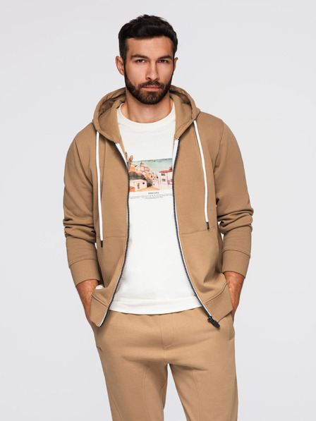 Ombre Clothing Moška treningska garnitura mikica s kapuco + hlače jogger - kamel V2 Z119 Ombre Clothing