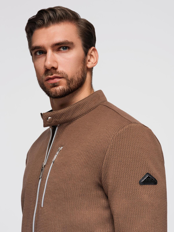 Ombre Clothing Moška strukturirana motociklistična jakna s stoječem - rjava V2 OM-JANP-0229 Ombre Clothing