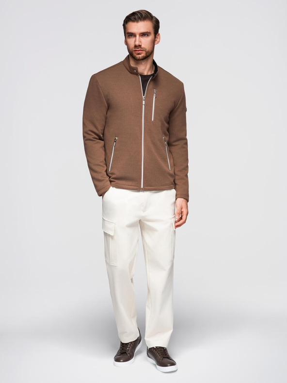 Ombre Clothing Moška strukturirana motociklistična jakna s stoječem - rjava V2 OM-JANP-0229 Ombre Clothing