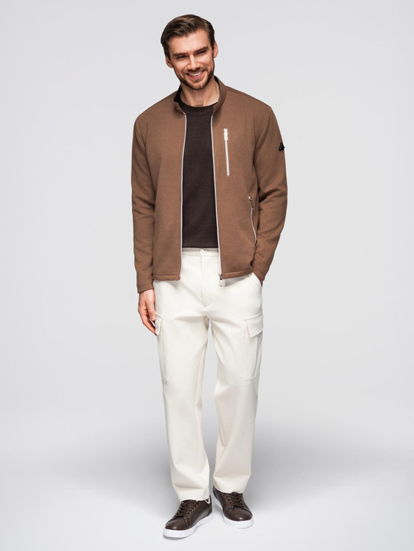 Ombre Clothing Moška strukturirana motociklistična jakna s stoječem - rjava V2 OM-JANP-0229 Ombre Clothing