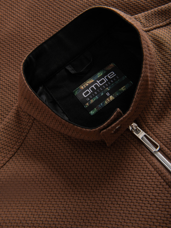 Ombre Clothing Moška strukturirana motociklistična jakna s stoječem - rjava V2 OM-JANP-0229 Ombre Clothing