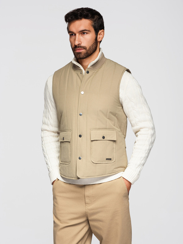 Ombre Clothing Moška neformalna brezrokavna vest z navpičnim prešivanjem - bež V2 OM-JAVJ-0323 Ombre Clothing
