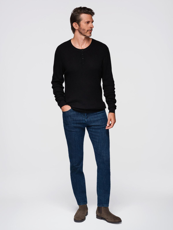 Ombre Clothing Moški rebrast pulover z gumbi pri izrezu - črna V2 OM-SWSW-0182 Ombre Clothing