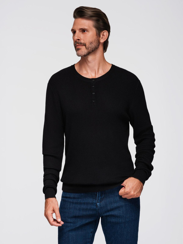Ombre Clothing Moški rebrast pulover z gumbi pri izrezu - črna V2 OM-SWSW-0182 Ombre Clothing