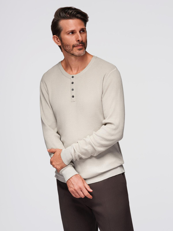 Ombre Clothing Moški rebrast pulover z gumbi pri izrezu - bež V3 OM-SWSW-0182 Ombre Clothing