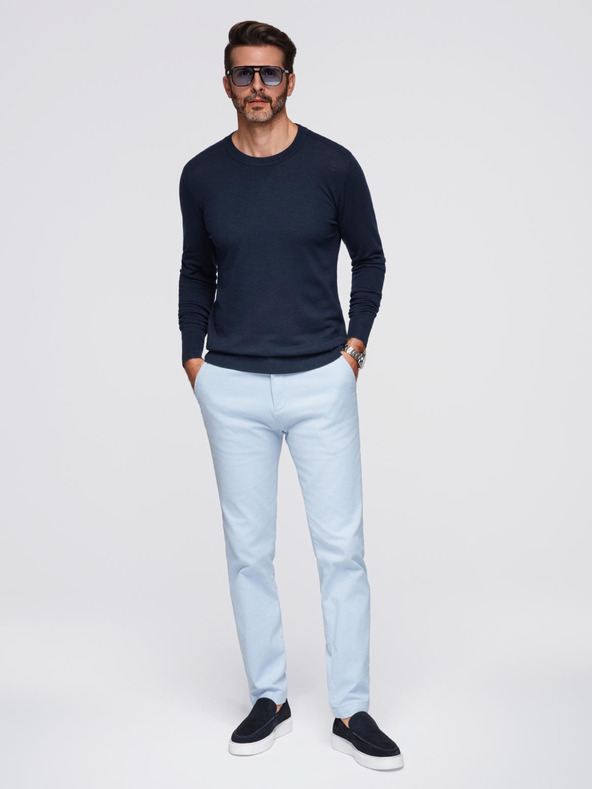 Ombre Clothing Moški pulover z okroglim izrezom iz elastične pletivine v klasičnem pletenjem - temno modra V1 OM-SWSW-0183 Ombre Clothing