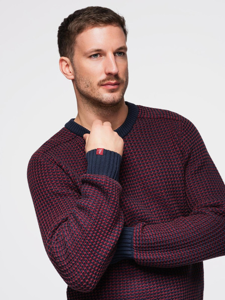 Ombre Clothing Moški pulover s kontrastnimpletenjem in okroglim izrezom - bordo V1 OM-SWSW-0122 Ombre Clothing