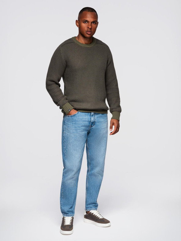 Ombre Clothing Moški pulover s kontrastnim prepletom in okroglim izrezom - temno olivno zelen V2 OM-SWSW-0122 Ombre Clothing