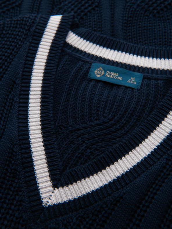 Ombre Clothing Moški karirani pulover s izrezom - temno moder V2 OM-SWSW-0151 Ombre Clothing