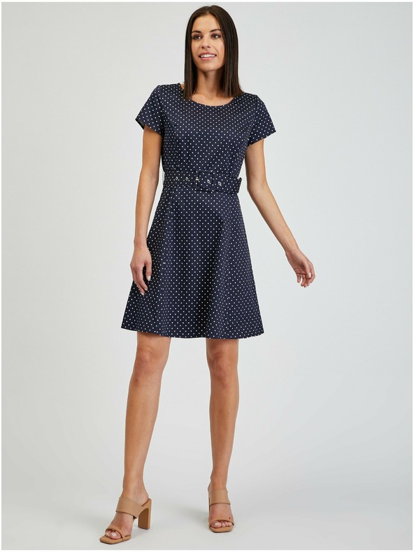 Orsay Temno modra ženska pikčasta obleka s pasom ORSAY