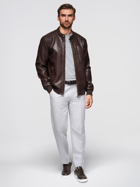 Ombre Clothing Temno rjava moška usnjena jakna Ombre Clothing