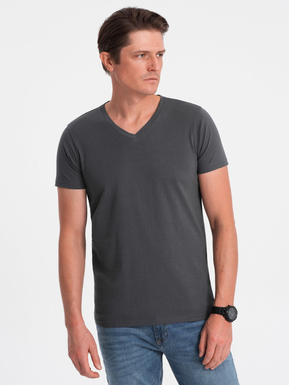 Ombre Clothing Temno siva moška osnovna majica z v-izrezom Ombre Clothing