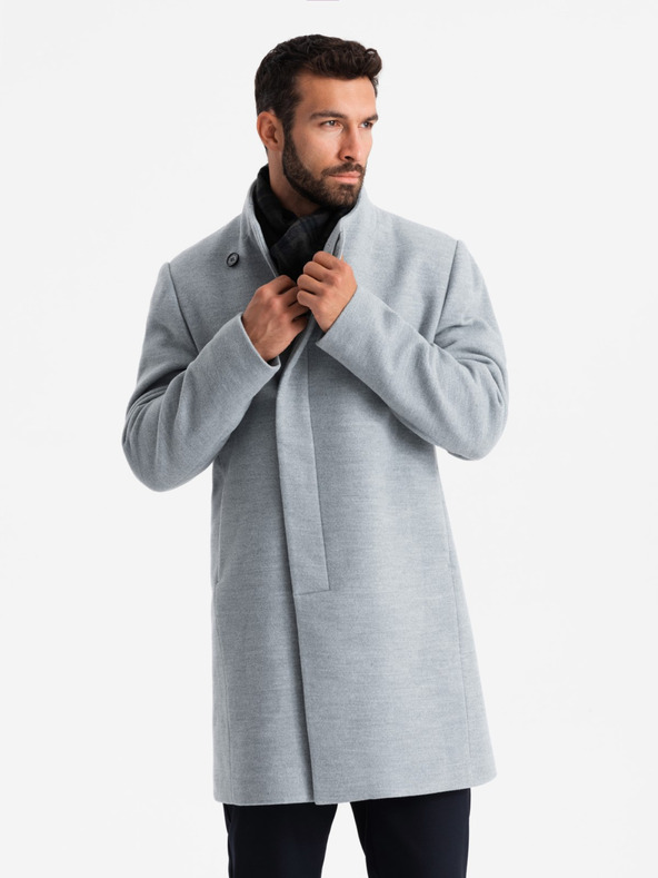 Ombre Clothing Moška jakna parka z visokim ovratnikom in asimetričnim zapenjanjem siva Ombre oblačila