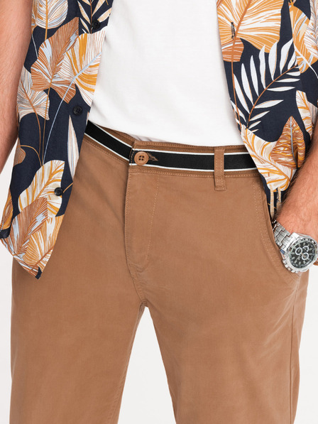 Ombre Clothing Rjave moške hlače chino z okrasnim pasom Ombre Clothing