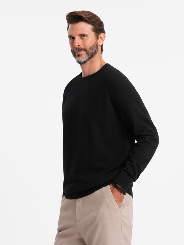Ombre Clothing Moški raglanski pulover z rebrastimi rokavi črna Ombre oblačila