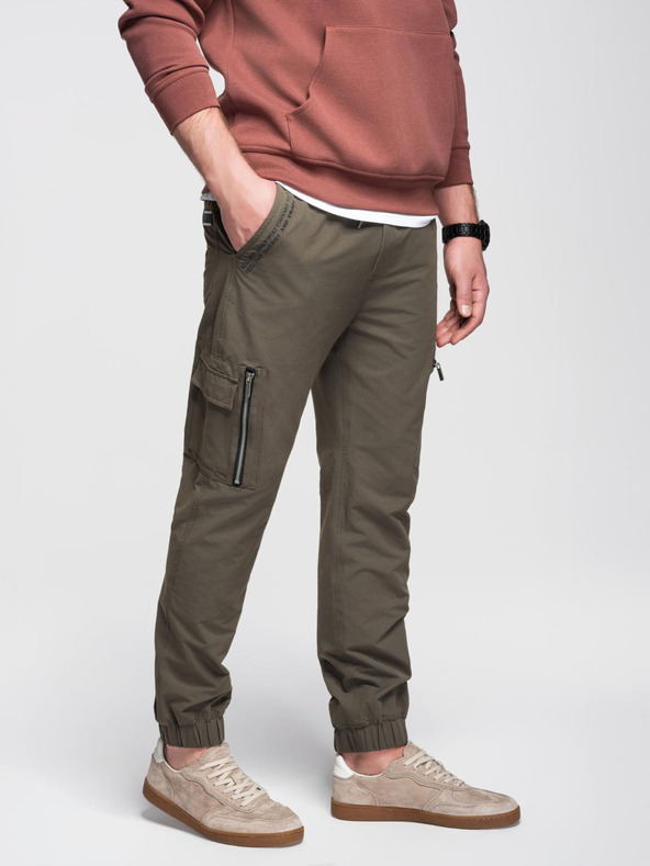Ombre Clothing Moške jogger hlače z žepi in potiskom temno olivno zelene barve Ombre oblačila
