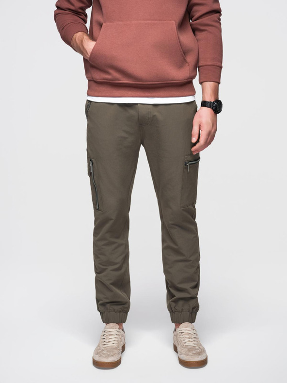 Ombre Clothing Moške jogger hlače z žepi in potiskom temno olivno zelene barve Ombre oblačila