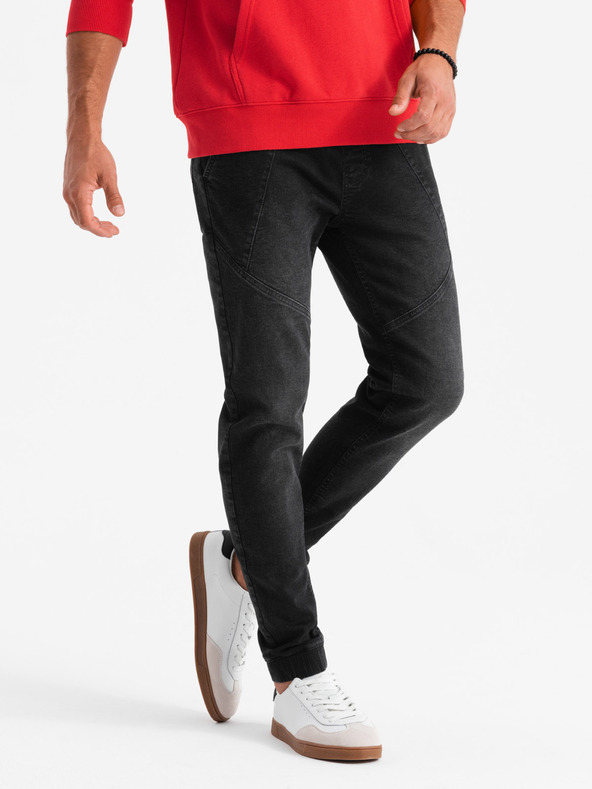 Ombre Clothing Moške športne hlače iz džinsa z asimetričnim šivom črne Ombre Clothing